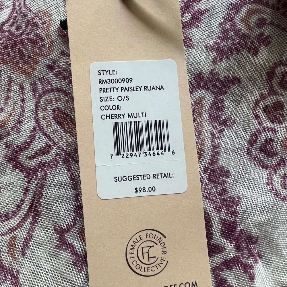 Rebecca Minkoff O/S NEW Pretty Paisley Ruana in Cherry Multicolor Cover Up Scarf - Picture 8 of 14